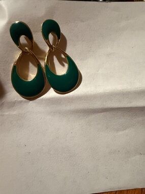 Monet Vintage 80s Gold-Tone Teardrop Enamel Earrings in Deep Green